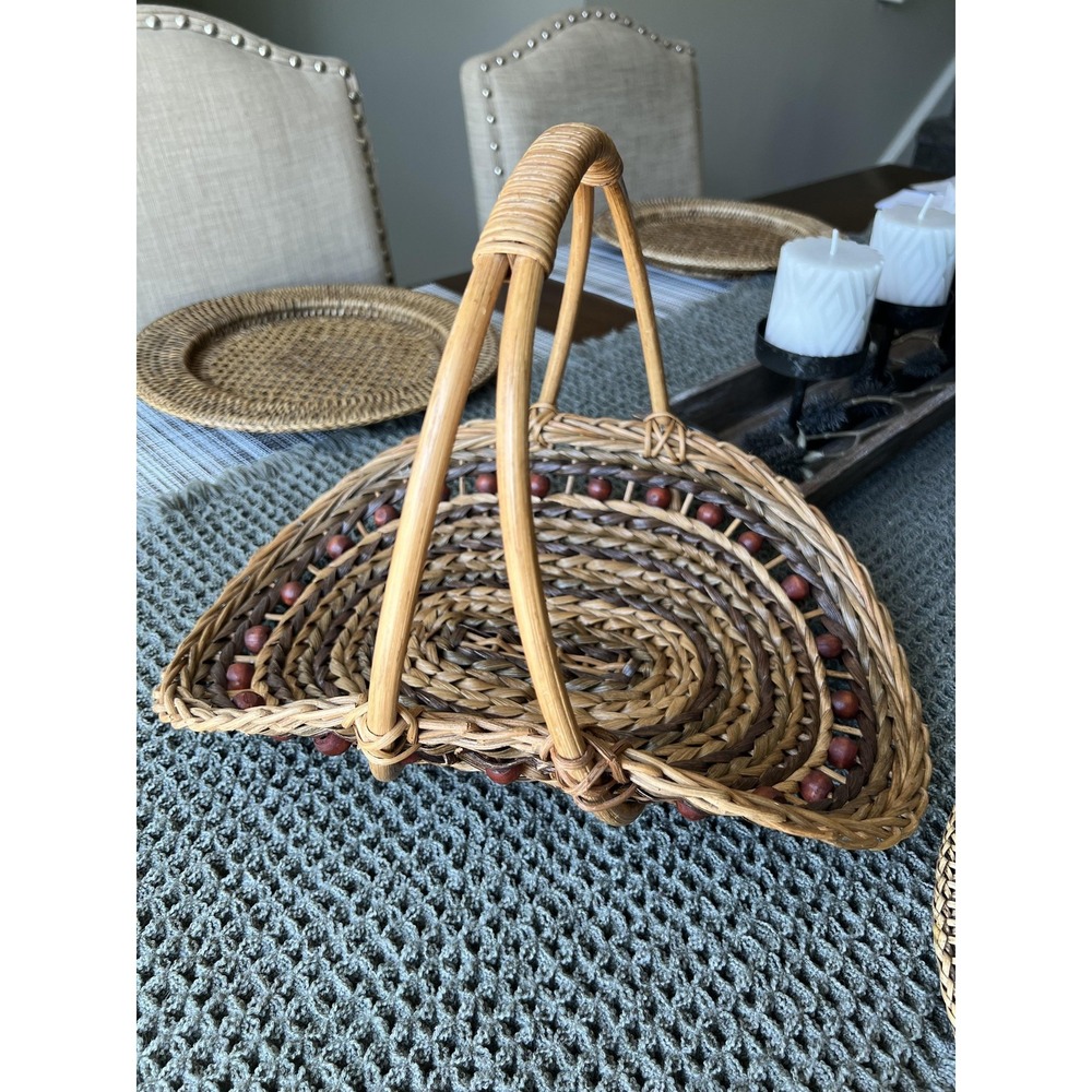 Vintage Wicker Rattan Basket Wood Beads Oval Handle Farmhouse Rustic Cottage